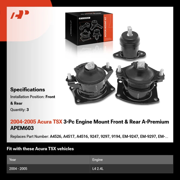 2004-2005 Acura TSX 3-Pc Engine Mount Front & Rear A-Premium APEM603