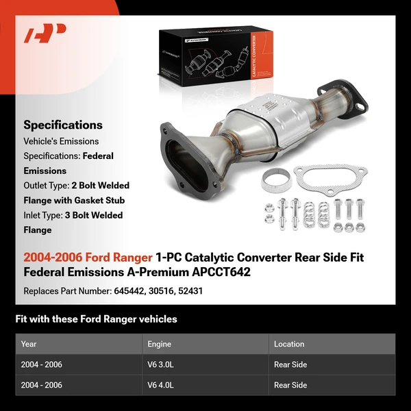 2004-2006 Ford Ranger 1-PC Catalytic Converter Rear Side Fit Federal Emissions A-Premium APCCT642
