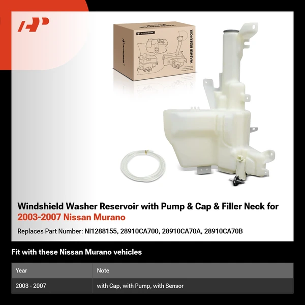 Windshield Washer Reservoir with Pump & Cap & Filler Neck for 2003-2007 Nissan Murano