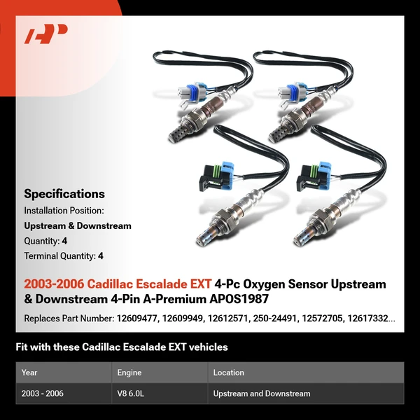 2003-2006 Cadillac Escalade EXT 4-Pc Oxygen Sensor Upstream & Downstream 4-Pin A-Premium APOS1987