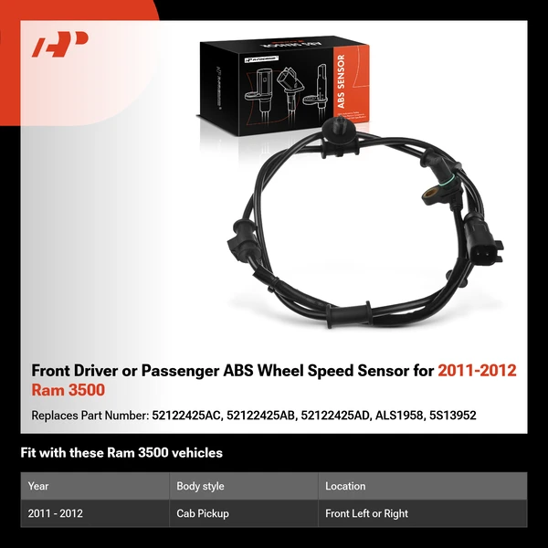 Front Driver or Passenger ABS Wheel Speed Sensor for 2011-2012 Ram 3500