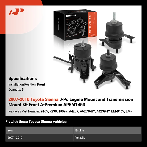 2007-2010 Toyota Sienna 3-Pc Engine Mount and Transmission Mount Kit Front A-Premium APEM1453