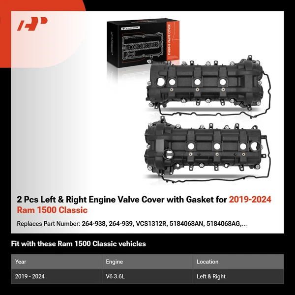 2 Pcs Left & Right Engine Valve Cover with Gasket for 2019-2024 Ram 1500 Classic