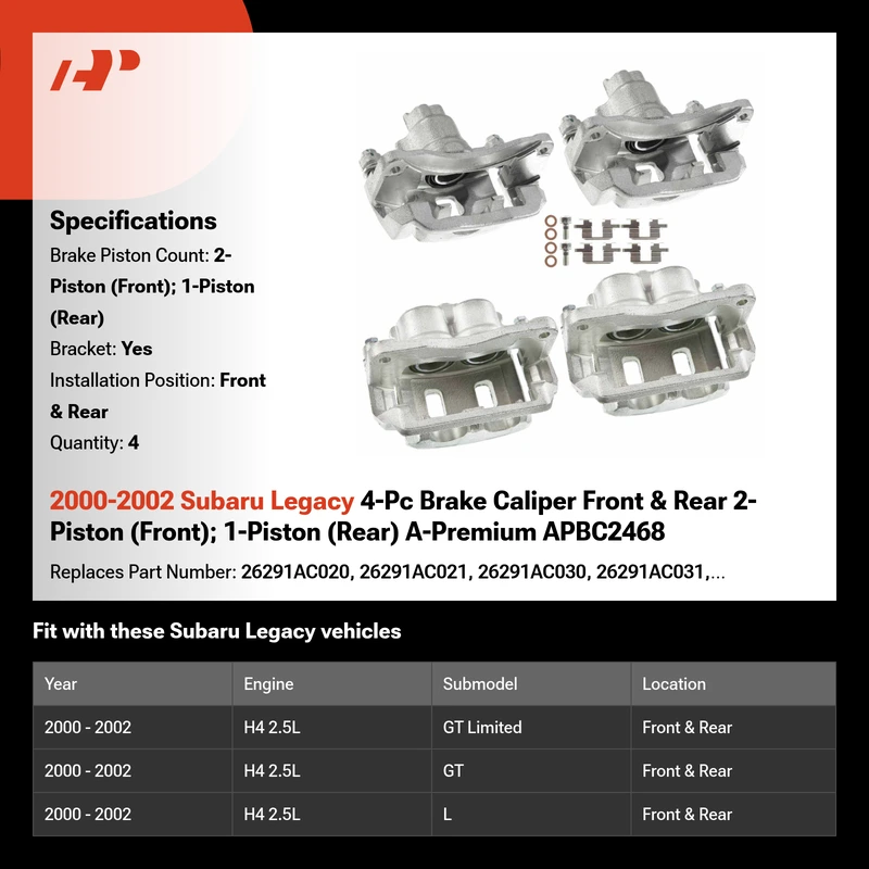 2000-2002 Subaru Legacy 4-Pc Brake Caliper Front & Rear 2-Piston (Front); 1-Piston (Rear) A-Premium APBC2468