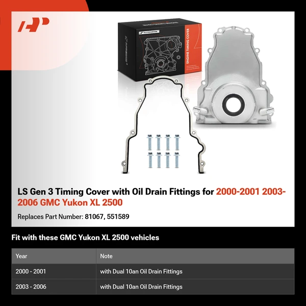 LS Gen 3 Timing Cover with Oil Drain Fittings for 2000-2001 2003-2006 GMC Yukon XL 2500
