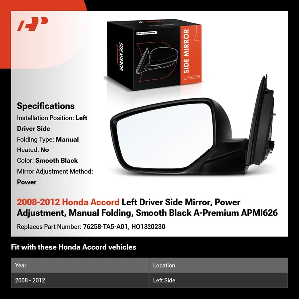2008-2012 Honda Accord Left Driver Side Mirror, Power Adjustment, Manual Folding, Smooth Black A-Premium APMI626