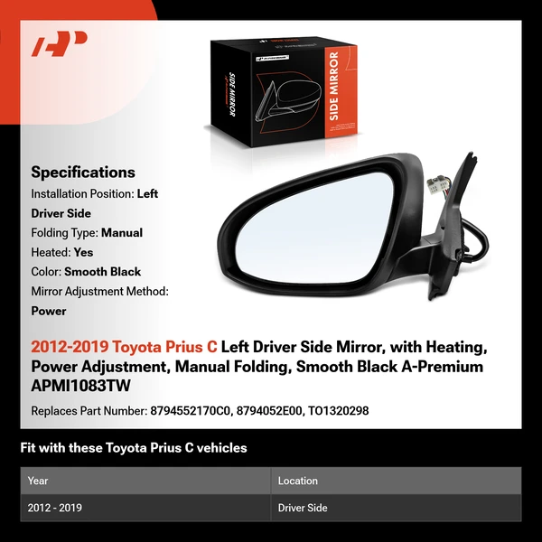 2012-2019 Toyota Prius C Left Driver Side Mirror, with Heating, Power Adjustment, Manual Folding, Smooth Black A-Premium APMI1083TW
