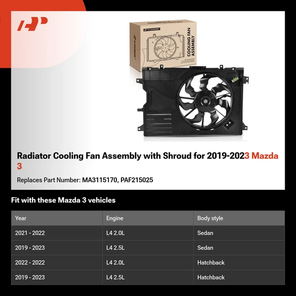Radiator Cooling Fan Assembly with Shroud for 2019-2023 Mazda 3