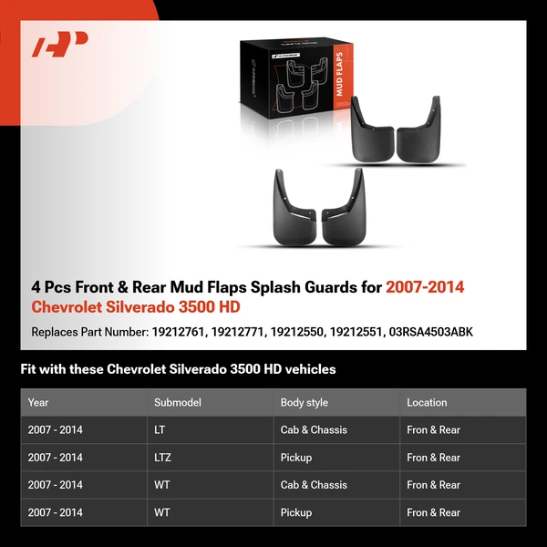 4 Pcs Front & Rear Mud Flaps Splash Guards for 2007-2014 Chevrolet Silverado 3500 HD