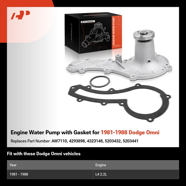 Engine Water Pump with Gasket for 1981-1988 Dodge Omni