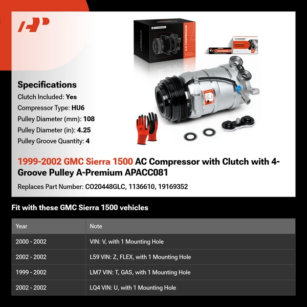 1999-2002 GMC Sierra 1500 AC Compressor with Clutch with 4-Groove Pulley A-Premium APACC081