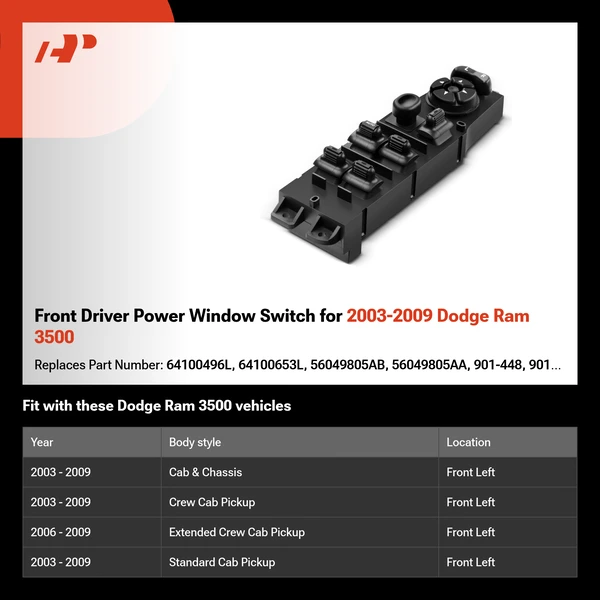 Front Driver Power Window Switch for 2003-2009 Dodge Ram 3500