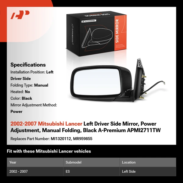 2002-2007 Mitsubishi Lancer Left Driver Side Mirror, Power Adjustment, Manual Folding, Black A-Premium APMI2711TW