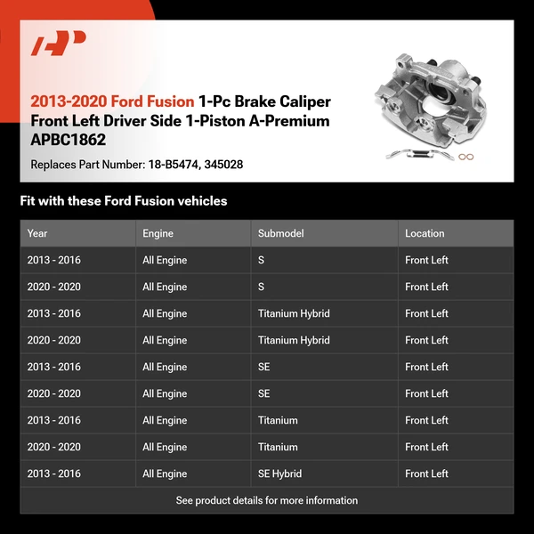 2013-2020 Ford Fusion 1-Pc Brake Caliper Front Left Driver Side 1-Piston A-Premium APBC1862