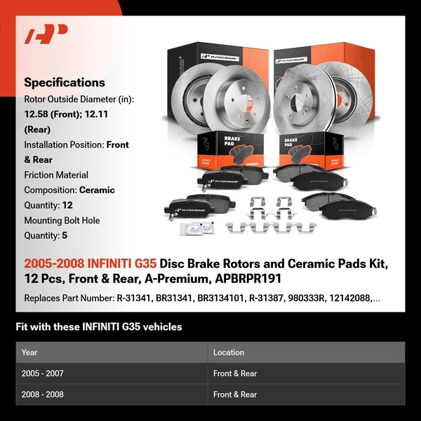 2005-2008 INFINITI G35 Disc Brake Rotors and Ceramic Pads Kit, 12 Pcs, Front & Rear, A-Premium, APBRPR191