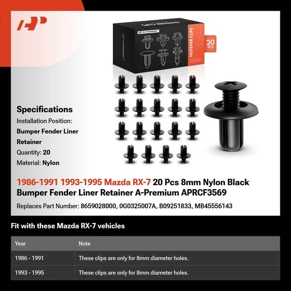 1986-1991 1993-1995 Mazda RX-7 20 Pcs 8mm Nylon Black Bumper Fender Liner Retainer A-Premium APRCF3569