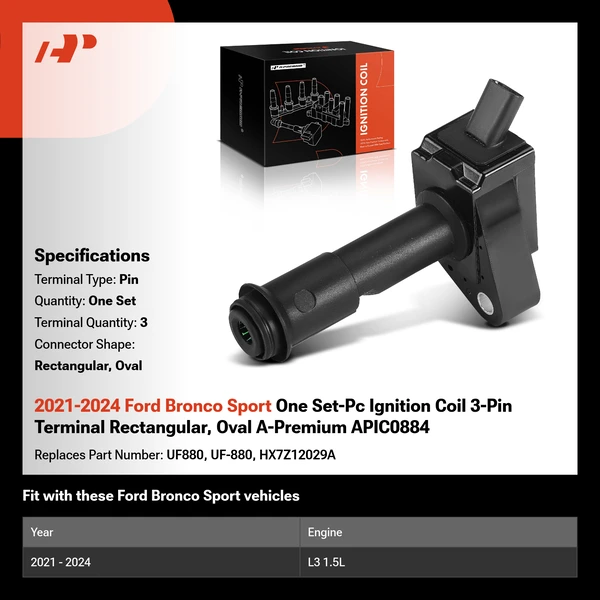 2021-2024 Ford Bronco Sport One Set-Pc Ignition Coil 3-Pin Terminal Rectangular, Oval A-Premium APIC0884