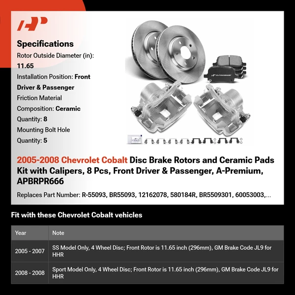 2005-2008 Chevrolet Cobalt Disc Brake Rotors and Ceramic Pads Kit with Calipers, 8 Pcs, Front Driver & Passenger, A-Premium, APBRPR666