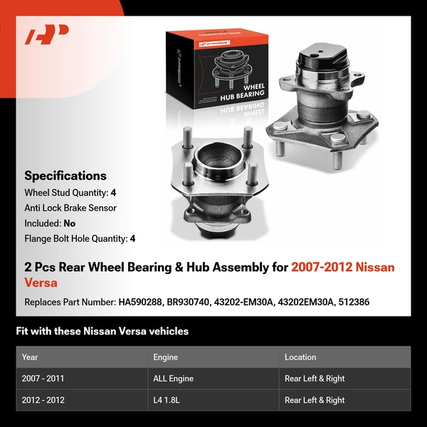 2 Pcs Rear Wheel Bearing & Hub Assembly for 2007-2012 Nissan Versa