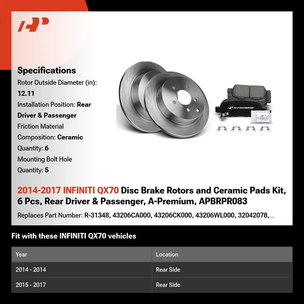 2014-2017 INFINITI QX70 Disc Brake Rotors and Ceramic Pads Kit, 6 Pcs, Rear Driver & Passenger, A-Premium, APBRPR083