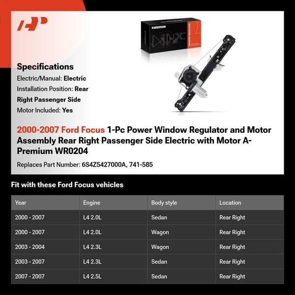 2000-2007 Ford Focus 1-Pc Power Window Regulator and Motor Assembly Rear Right Passenger Side Electric with Motor A-Premium WR0204