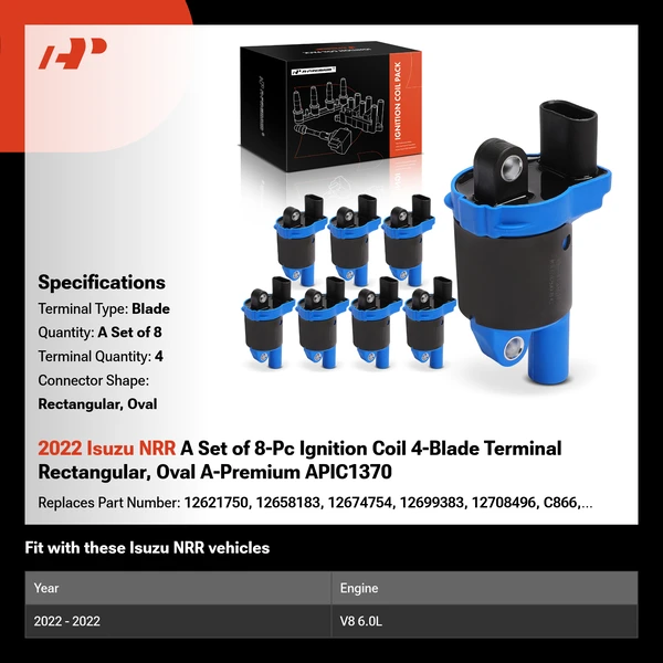 2022 Isuzu NRR A Set of 8-Pc Ignition Coil 4-Blade Terminal Rectangular, Oval A-Premium APIC1370