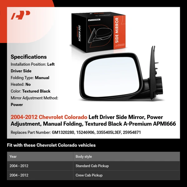 2004-2012 Chevrolet Colorado Left Driver Side Mirror, Power Adjustment, Manual Folding, Textured Black A-Premium APMI666