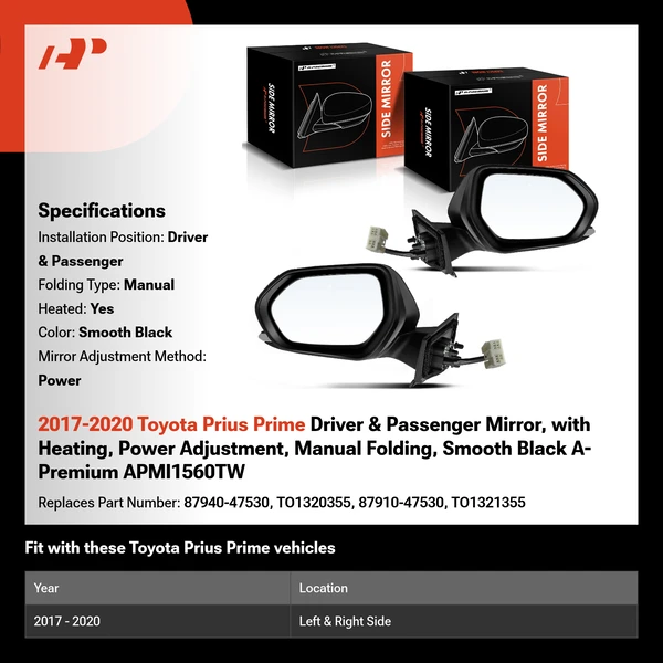 2017-2020 Toyota Prius Prime Driver & Passenger Mirror, with Heating, Power Adjustment, Manual Folding, Smooth Black A-Premium APMI1560TW