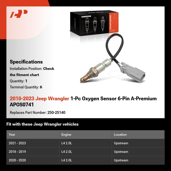 2018-2023 Jeep Wrangler 1-Pc Oxygen Sensor 6-Pin A-Premium APOS0741