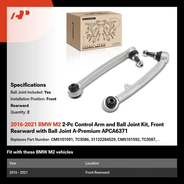 2016-2021 BMW M2 2-Pc Control Arm and Ball Joint Kit, Front Rearward with Ball Joint A-Premium APCA6371