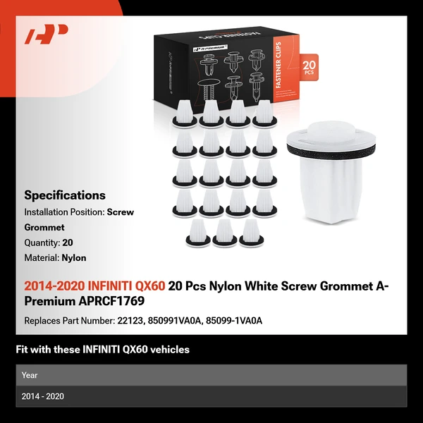 2014-2020 INFINITI QX60 20 Pcs Nylon White Screw Grommet A-Premium APRCF1769