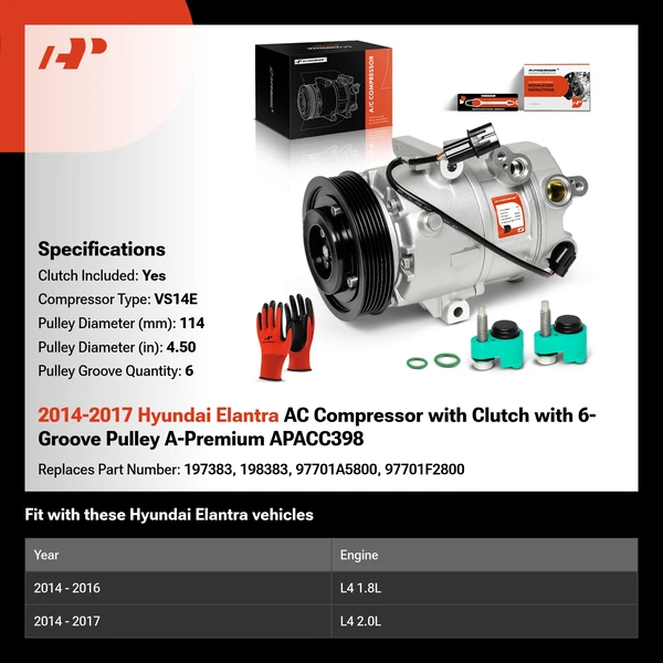 2014-2017 Hyundai Elantra AC Compressor with Clutch with 6-Groove Pulley A-Premium APACC398
