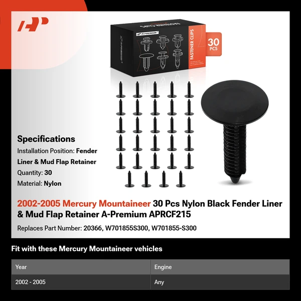 2002-2005 Mercury Mountaineer 30 Pcs Nylon Black Fender Liner & Mud Flap Retainer A-Premium APRCF215