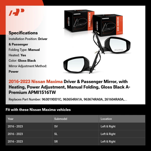 2016-2023 Nissan Maxima Driver & Passenger Mirror, with Heating, Power Adjustment, Manual Folding, Gloss Black A-Premium APMI1516TW