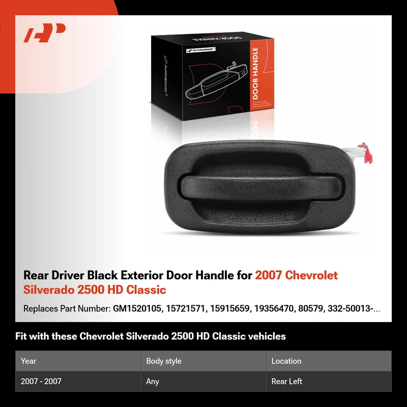 Rear Driver Black Exterior Door Handle for 2007 Chevrolet Silverado 2500 HD Classic