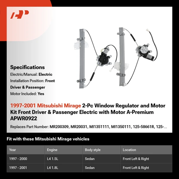 1997-2001 Mitsubishi Mirage 2-Pc Window Regulator and Motor Kit Front Driver & Passenger Electric with Motor A-Premium APWR0922