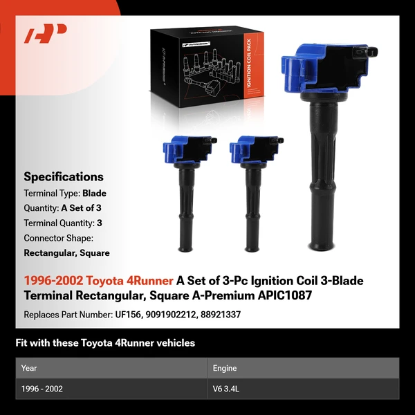 1996-2002 Toyota 4Runner A Set of 3-Pc Ignition Coil 3-Blade Terminal Rectangular, Square A-Premium APIC1087