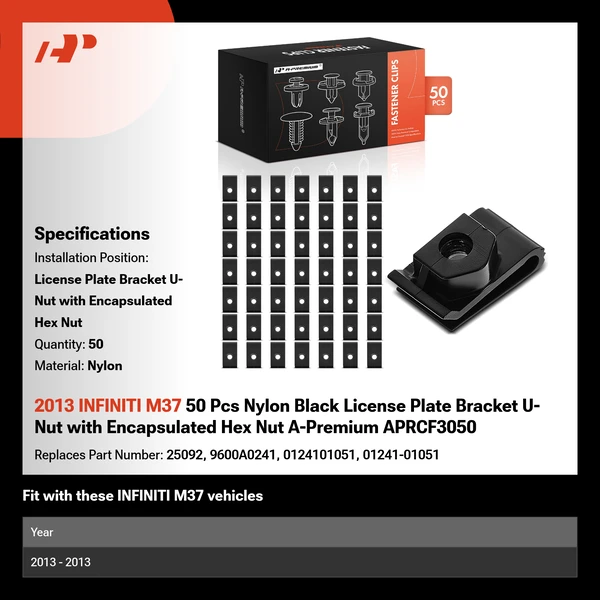 2013 INFINITI M37 50 Pcs Nylon Black License Plate Bracket U-Nut with Encapsulated Hex Nut A-Premium APRCF3050