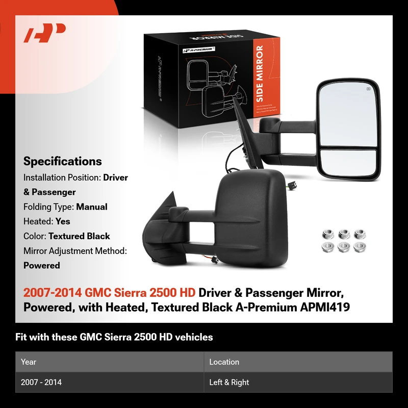 2007-2014 GMC Sierra 2500 HD Driver & Passenger Mirror, Powered, with Heated, Textured Black A-Premium APMI419