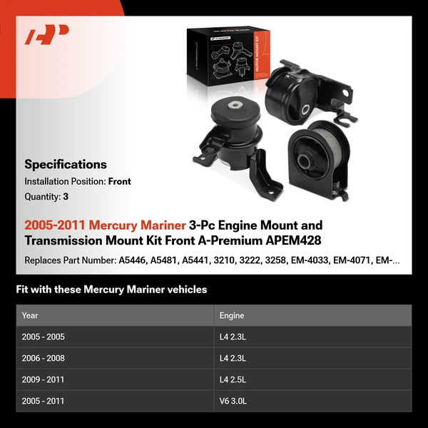 2005-2011 Mercury Mariner 3-Pc Engine Mount and Transmission Mount Kit Front A-Premium APEM428