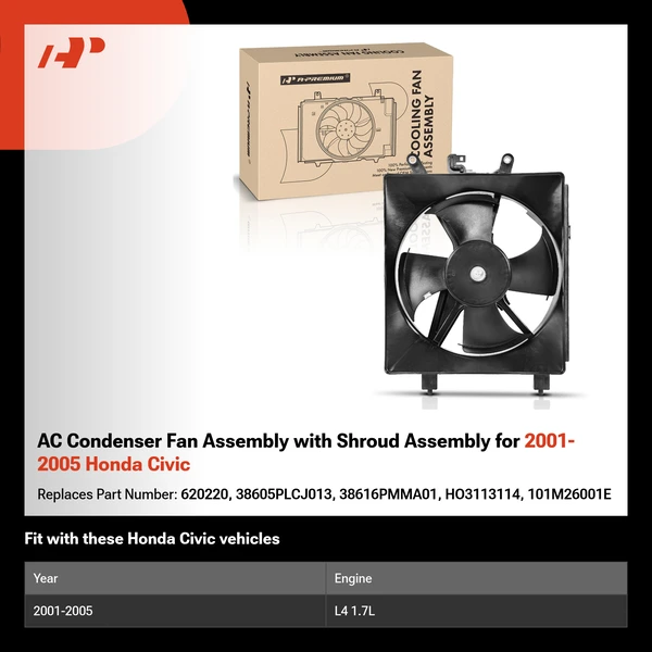 AC Condenser Fan Assembly with Shroud Assembly for 2001-2005 Honda Civic