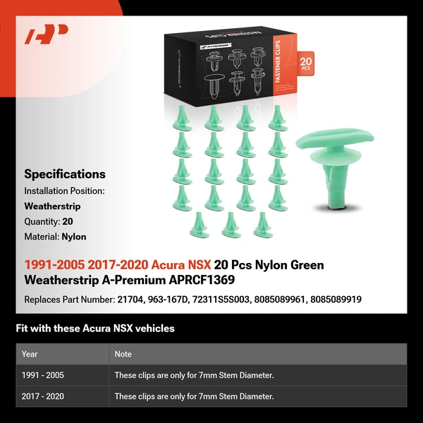 1991-2005 2017-2020 Acura NSX 20 Pcs Nylon Green Weatherstrip A-Premium APRCF1369