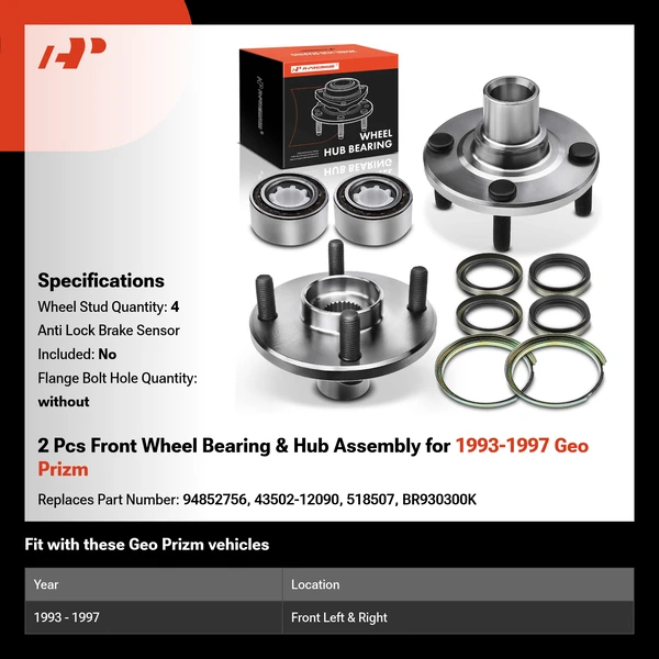 2 Pcs Front Wheel Bearing & Hub Assembly for 1993-1997 Geo Prizm