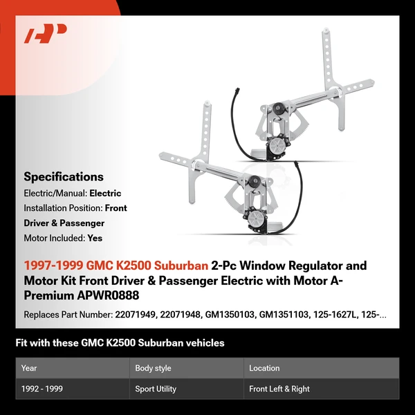1997-1999 GMC K2500 Suburban 2-Pc Window Regulator and Motor Kit Front Driver & Passenger Electric with Motor A-Premium APWR0888