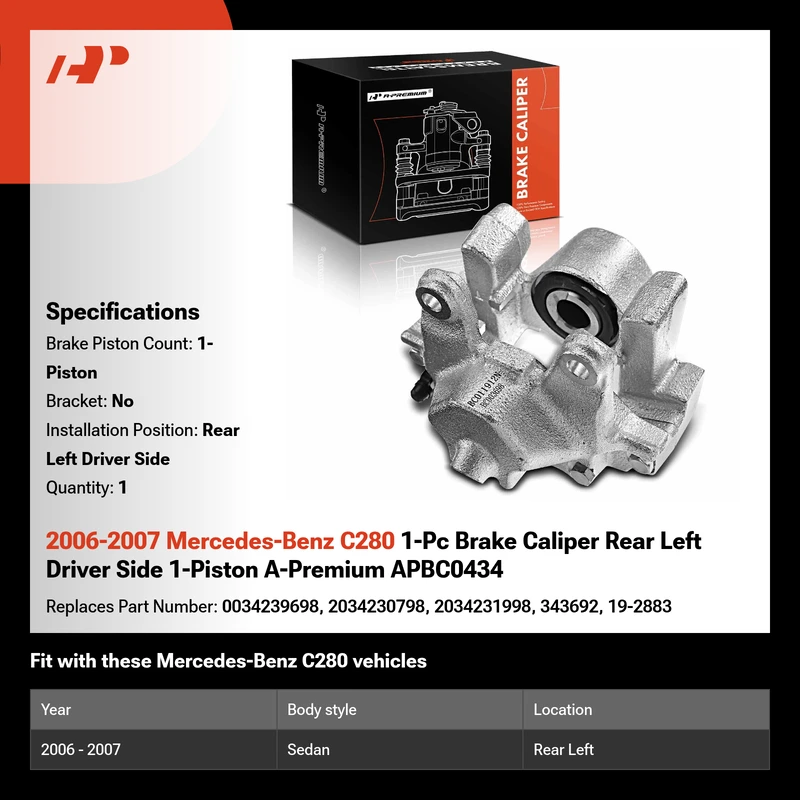 2006-2007 Mercedes-Benz C280 1-Pc Brake Caliper Rear Left Driver Side 1-Piston A-Premium APBC0434