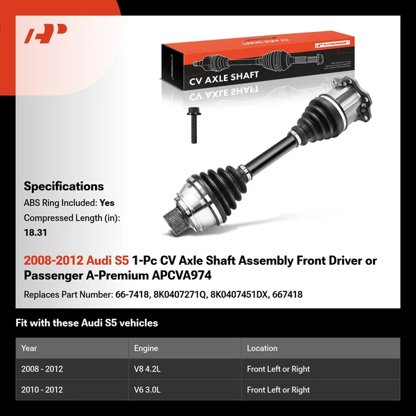 2008-2012 Audi S5 1-Pc CV Axle Shaft Assembly Front Driver or Passenger A-Premium APCVA974