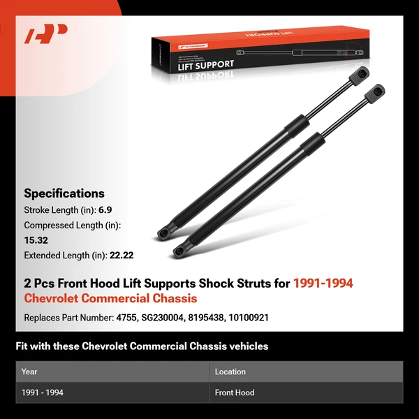 2 Pcs Front Hood Lift Supports Shock Struts for 1991-1994 Chevrolet Commercial Chassis