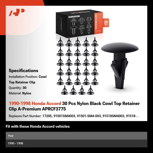 1990-1998 Honda Accord 30 Pcs Nylon Black Cowl Top Retainer Clip A-Premium APRCF3775