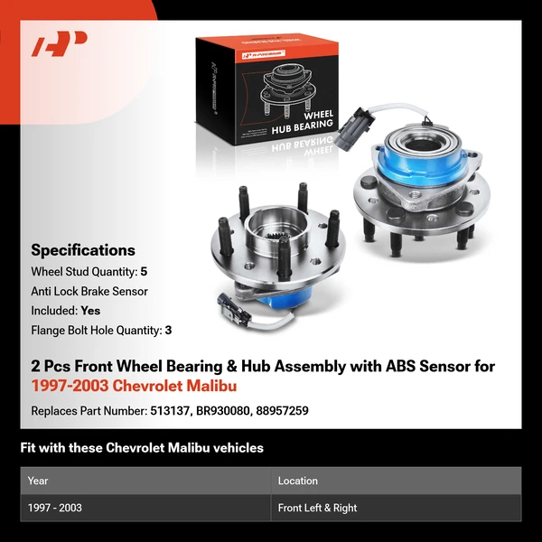 2 Pcs Front Wheel Bearing & Hub Assembly with ABS Sensor for 1997-2003 Chevrolet Malibu