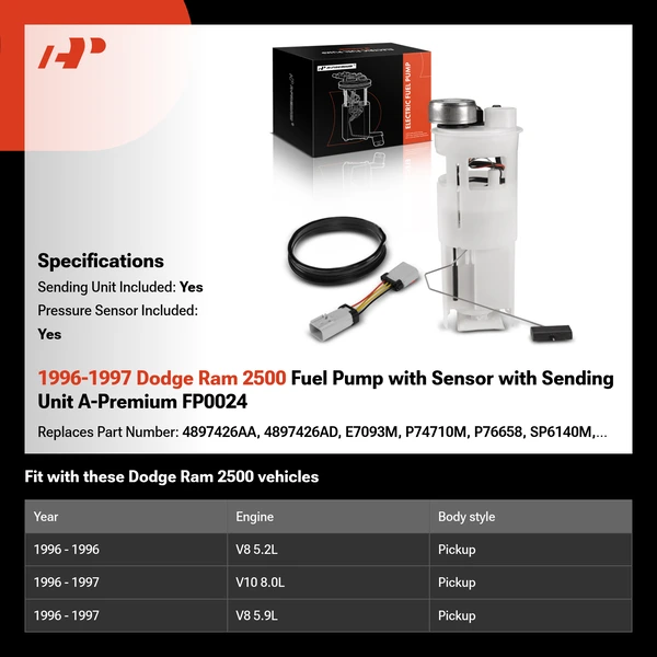 1996-1997 Dodge Ram 2500 Fuel Pump with Sensor with Sending Unit A-Premium FP0024